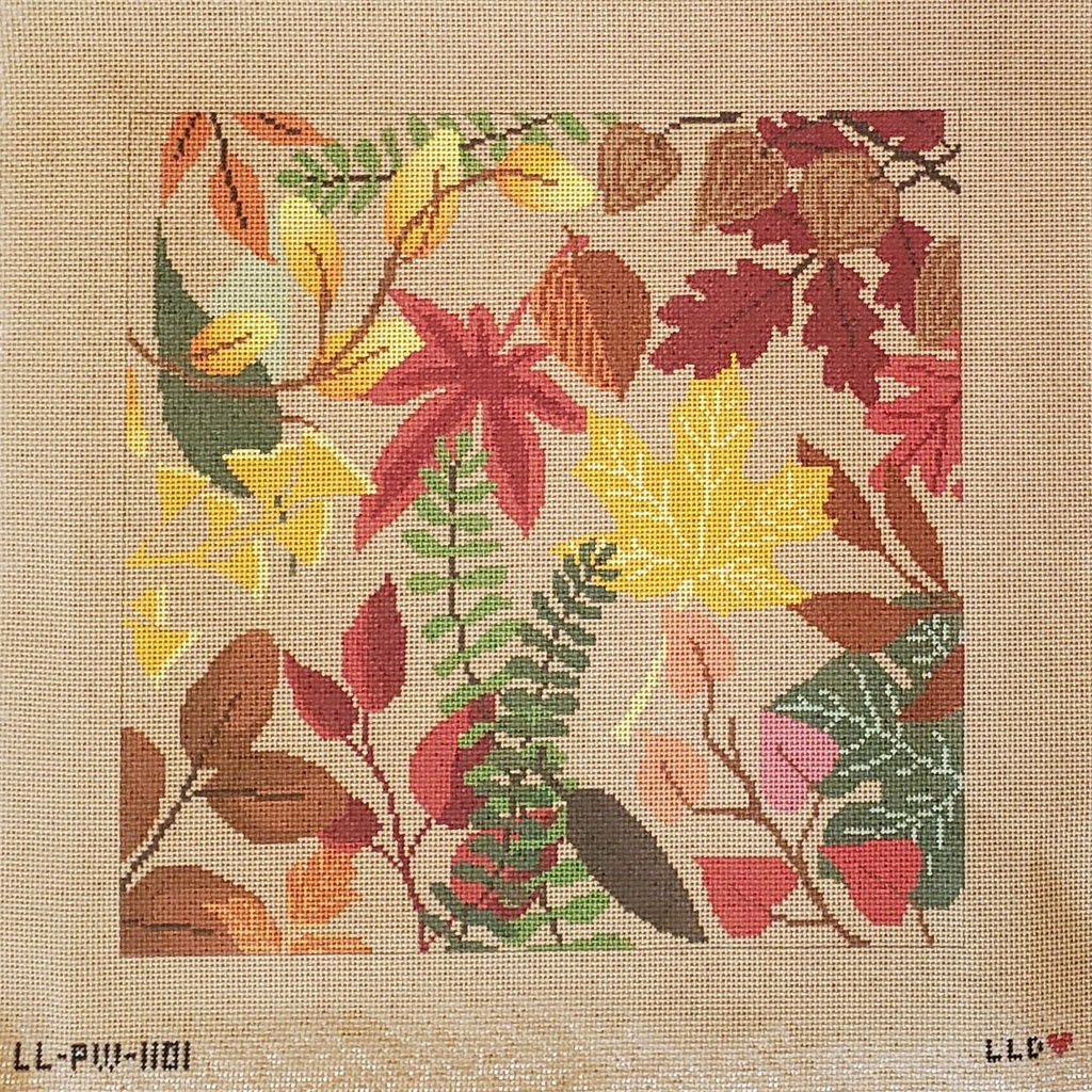 Large botanical square with autumn leaves-- ecru background