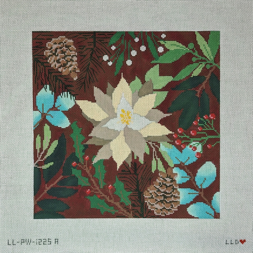 Large botanical square with red background and white flower
