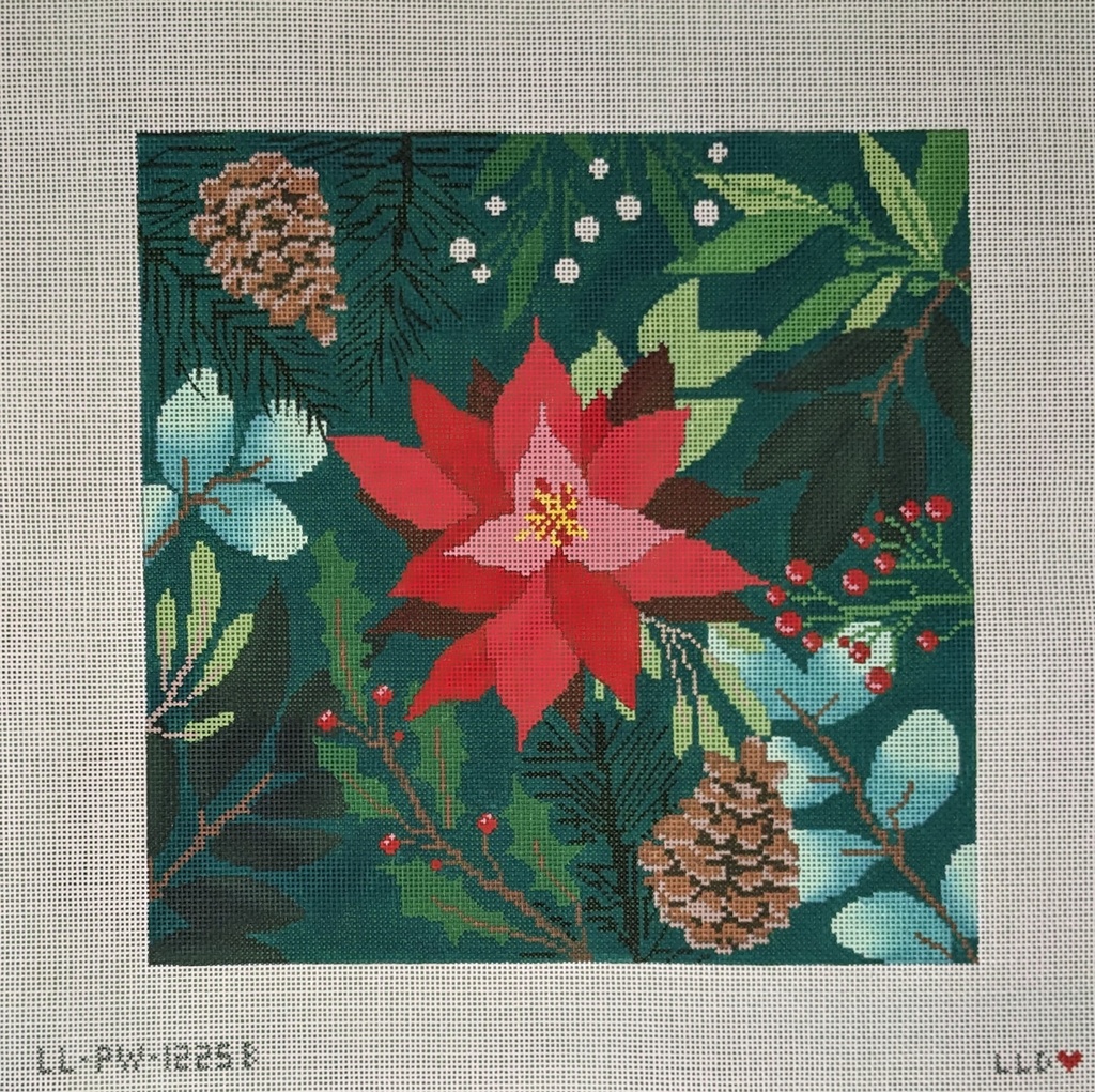 large botanical square with green background and red flower