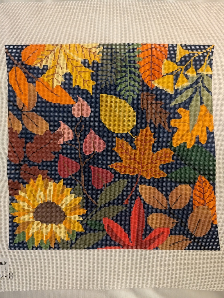 Large Botanical Square with Autumn Leaves and Sunflower - Blue Background 